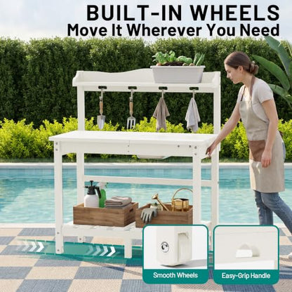 PLUUV Potting Bench with Removeable Sink, Garden Potting Table, White - color: White