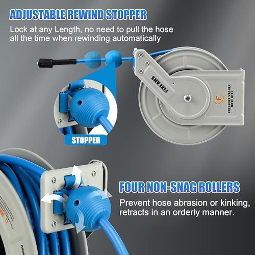 FIXFANS Pressure Washer Hose Reel with Hose, 1/4" × 60ft, Retractable - size: 60 FT