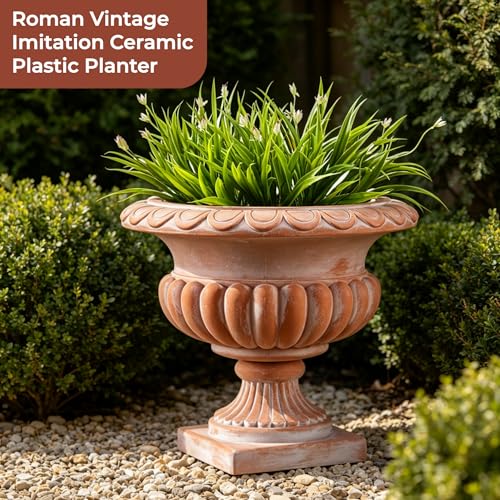 20" H Roman Urn Planter, Weathered Terracotta Finish Flowerpot (Plastic) - color: Terracotta
