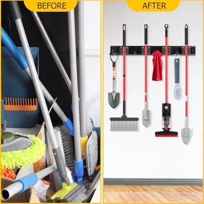 2 Pack Wall Mount Broom Holder with Sliding 3 & 4 Racks 4 Hooks，Mop Hanger