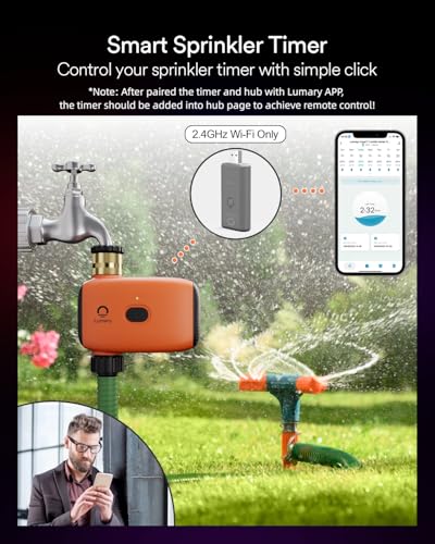 Lumary WiFi Water Timer for Garden Hose, Battery Sprinkler Timer for Watering Brass Inlet Outdoor, Rain Delay/Remote/Manual/Automatic Drip Irrigation System Programmable Faucet, Compatible with Alexa