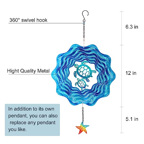 12 Inch Sea Turtle Hanging Wind Spinners, 3D Kinetic Metal Wind Spinner - color: Sea Turtle
