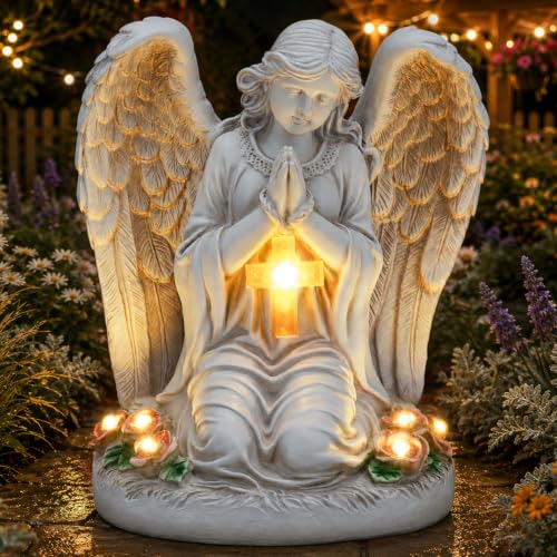 Solar Angel Garden Statue Outdoor Decor, Grave Praying Angel Figurines with LED Light for Lawn Yard Patio Cemetery Decor, Memorial Gifts for Women, Mom, Grandma - color: White-angel02