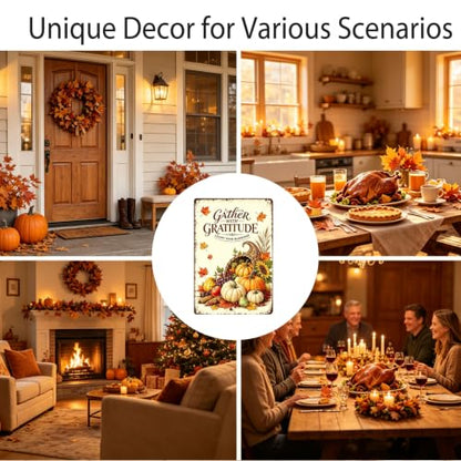 Gather With Gratitude Thanksgiving Metal Sign Harvest Wall Decor 8x12 Inch - color: Gather With Gratitude