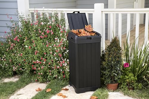 Keter Baltimore Resin 38 Gallon Outdoor Kitchen Trash Can with Lid and Drip Tray for Easy Cleaning-Perfect for Patio Dining, Black - style: Baltimore