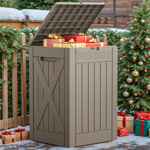 JUMMICO 52 Gallon Resin Package Delivery Box Lockable&Waterproof - color: Light Brown