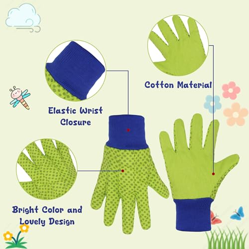 HANDLANDY 4 Pairs Kids Gardening Gloves, Cotton Kids Work Gloves, Green, S - color: Green Dot (Pack of 4), size: Small