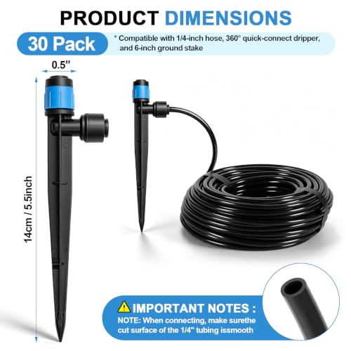30 Pack Drip Irrigation Emitters, Adjustable 360° Drippers for 1/4" Tubing