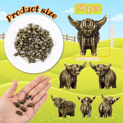 Civaner 50 Pcs Mini Highland Cow, Mini Brass Figurines, Small Metal Animal - style: Highland Dairy Cows