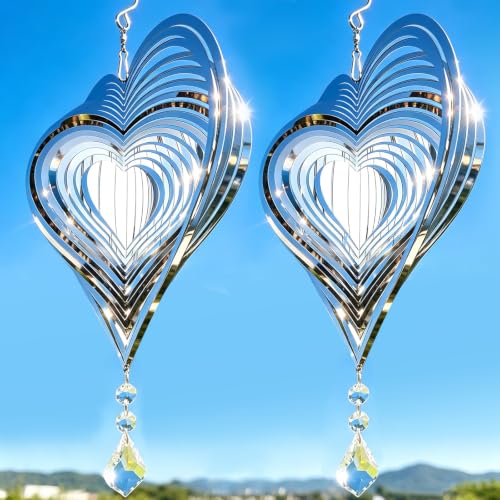 2 Pack Heart Wind Spinners Outdoor Hanging, 3D Stainless Steel Garden Decor