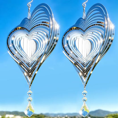 2 Pack Heart Wind Spinners Outdoor Hanging, 3D Stainless Steel Garden Decor