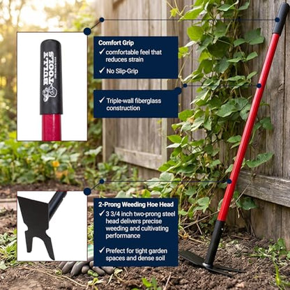 Bully Tools 12-Gauge Two-Prong Weeding Hoe, 58" Fiberglass Long Handle