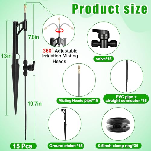 15 Sets 360° Adjustable Irrigation Misting Heads with Stake - size: 15 Sets Misting Heads with Stake
