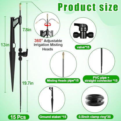 15 Sets 360° Adjustable Irrigation Misting Heads with Stake - size: 15 Sets Misting Heads with Stake