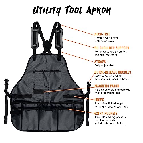 Under NY Sky Tool Apron, Magnetic Bits Holder, Cross-Back,18 Pockets, Gray - color: Gray