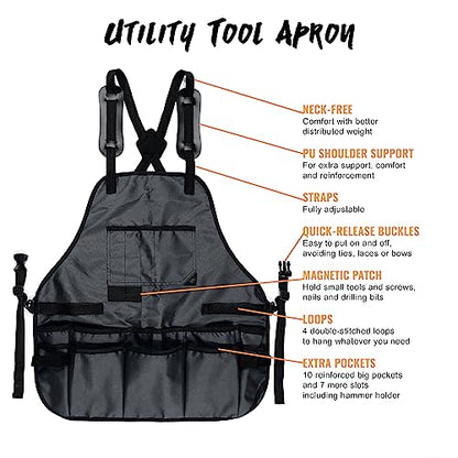 Under NY Sky Tool Apron, Magnetic Bits Holder, Cross-Back,18 Pockets, Gray - color: Gray