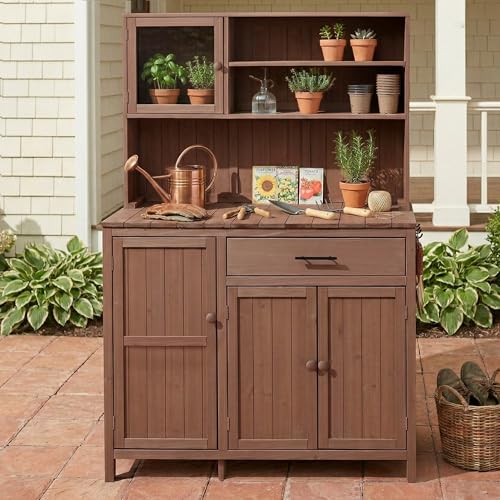 Potting Bench with Hutch, 65" H Solid Fir Wood Garden Workstation, Large Countertop, Patio Kitchen Island with Adjustable Shelves, Spice Rack, Side Hook and Drawer, Brown - size: Brown+1 Drawer