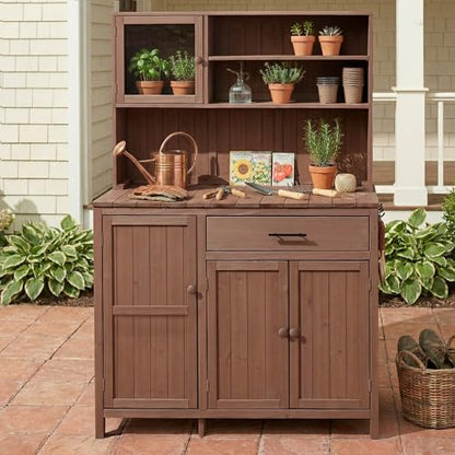 Potting Bench with Hutch, 65" H Solid Fir Wood Garden Workstation, Large Countertop, Patio Kitchen Island with Adjustable Shelves, Spice Rack, Side Hook and Drawer, Brown - size: Brown+1 Drawer