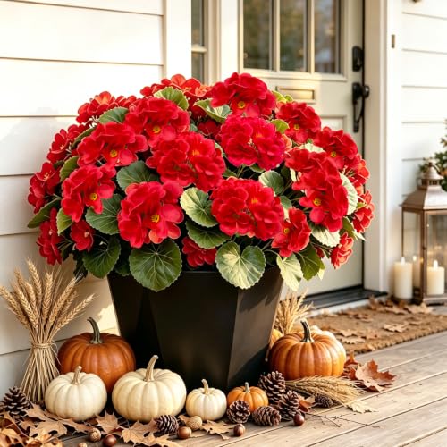 8 Bundles Artificial Geraniums, UV Resistant, Red - color: Red
