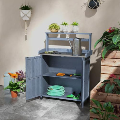 Outsunny Potting Bench, Outdoor Wooden Potting Table w/ 2 Shelves, Gray