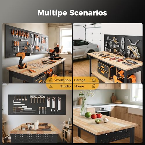 CAMMOO 60" Work Bench with Storage & Pegboard, 2000LBS Max Load, Storage Shelf & Power Strip