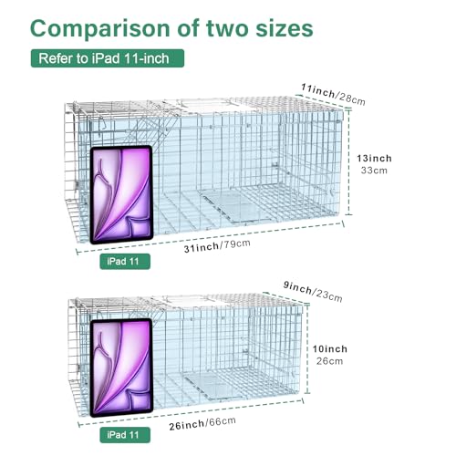 Humane Live Animal Trap Cage 32" × 13" × 11",Heavy-Duty Live Catch Cage for Raccoon, Squirrel, Stray Cats, Groundhogs, Armadillos, Opossums, Rabbits, Skunk, Mole, Small Wildlife Control - size: 32"×13"×11"
