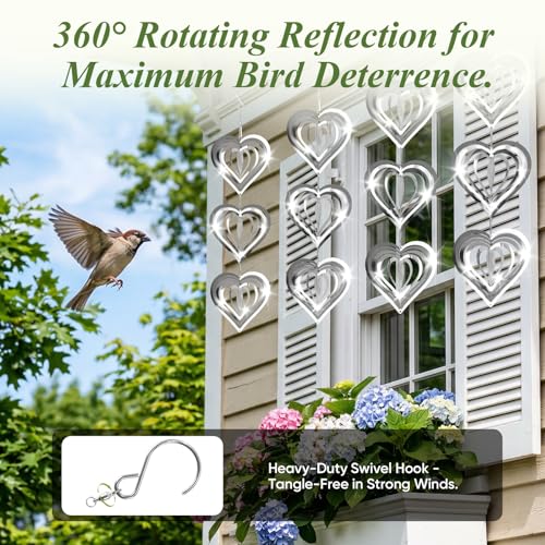 Reflective Wind Spinners for Outdoors, 12 PCS Stainless Steel Bird Control Discs with 360° Swivel Hooks, Humane 3D Hanging Ornament for Garden, Patio, Balcony & Orchard