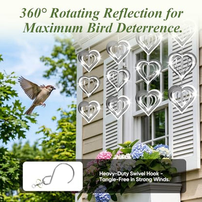 Reflective Wind Spinners for Outdoors, 12 PCS Stainless Steel Bird Control Discs with 360° Swivel Hooks, Humane 3D Hanging Ornament for Garden, Patio, Balcony & Orchard