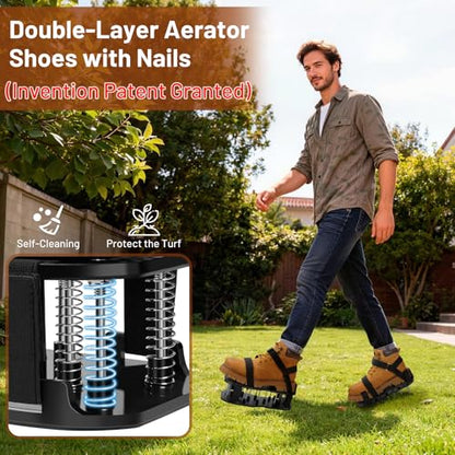 Lawn Aerator Shoes, Pre-Installed Two-Layer Spike Aerator Shoes Tool with Hook-and-Loop Adjustable Straps, Durable and Self-Cleaning for Patio Garden Soil and Plat Grassland