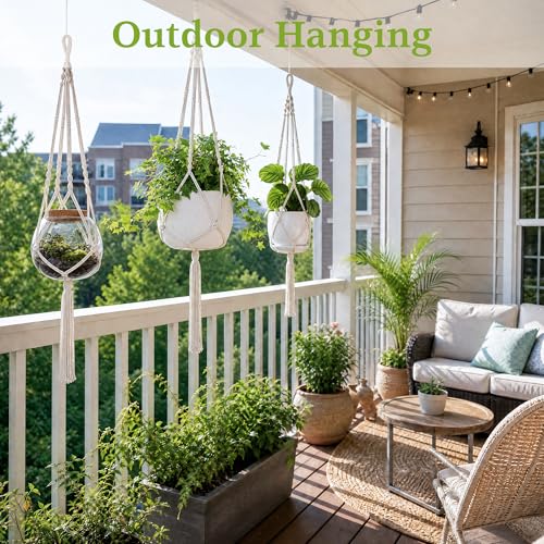 Macrame Plant Hanger - Fits 4-13 Inch Pots, 3-Pack, Ivory - color: 34+41+46in Ivory
