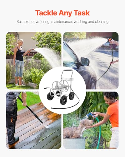 VEVOR Hose Reel Cart, Hold Up to 250 ft of 5/8’’ Hose, Garden Water Hose Carts Mobile Tools with 4 Wheels, Heavy Duty Powder-Coated Steel Outdoor Planting with Storage Basket, for Garden, Yard, Lawn - size: 250 ft