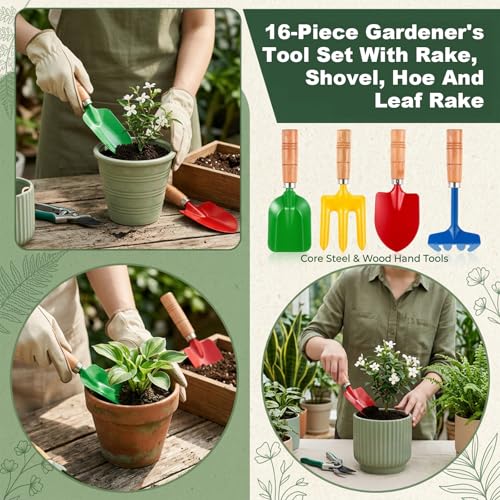24 Pcs Mini Gardening Tools, Metal Shovel Rake Fork Trowel ，Wooden Handle