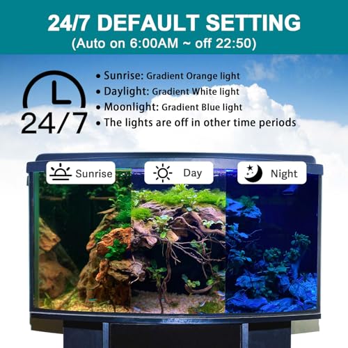 hygger 24/7 Mode Submersible Aquarium LED Light, Full Spectrum Hidden Fish Tank Light with 3 Rows Beads 7 Colors Auto On Off Sunrise-Daylight-Moonlight, Adjustable Timer Brightness - size: 12in 8W