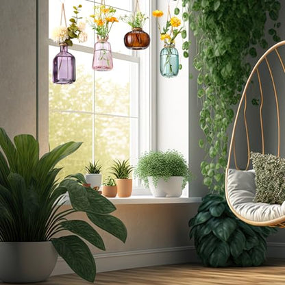 Wonderjune 4 Pcs Stained Glass Hanging Vases Hanging Glass Planters Small Plant Terrarium Pot Containers with Rope for Garden Home Indoor Outdoor Decor, 4 Styles (Fashionable) - style: Fashionable