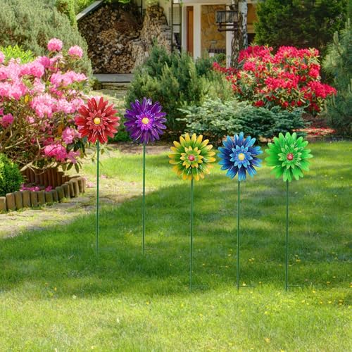 Metal Flower Wind Spinner Garden Stake Yard Art, Lawn Windmill Ornaments - color: Pink