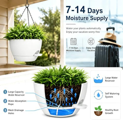 12" Self Watering Hanging Planters with Chains, White, 2 Pack - color: White, size: 2 pack 12 inches