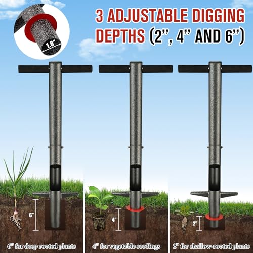 Bulb Planter Tool, 33.5" Long Handle Sod Plugger for Standing Planting, 2"/4"/6" Adjustable Depth Garden Hole Digger, Heavy Duty Auto Eject Lawn Plugger for Flower Bulbs,Grass Plugs,Seedlings