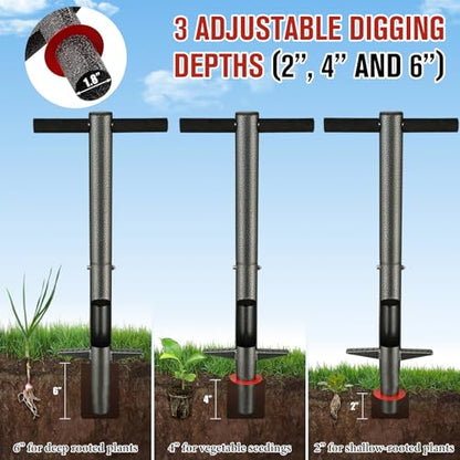 Bulb Planter Tool, 33.5" Long Handle Sod Plugger for Standing Planting, 2"/4"/6" Adjustable Depth Garden Hole Digger, Heavy Duty Auto Eject Lawn Plugger for Flower Bulbs,Grass Plugs,Seedlings