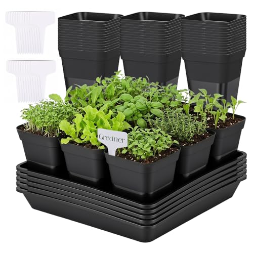 GREANER 50 Pcs Nursery Pots 4 Inch, 5 Packs 12 Inch Reusable Seed Starter Tray, Plastic Sturdy Planting Pots with 20PCS Plant Labels for Indoor Outdoor - size: 4" Pots-50PCS + 12" Trays-5PCS