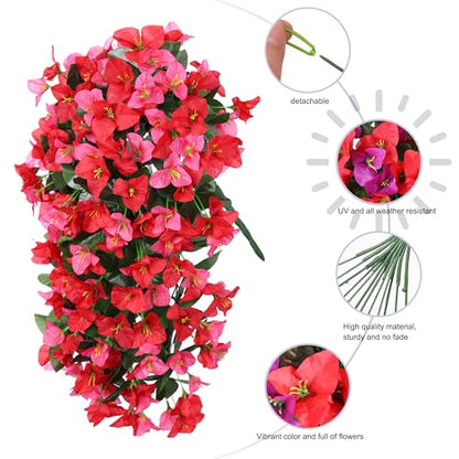 2 PCS Bougainvillea Artificial Hanging Flowers Plants for Outdoors, Mix - color: Hot Pink + Red