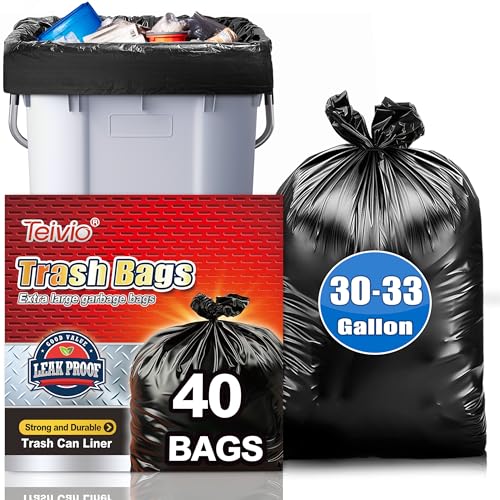 Teivio Large Black Trash Bags 30-33 Gallon 40 Count 30+ Gal Garbage Bags