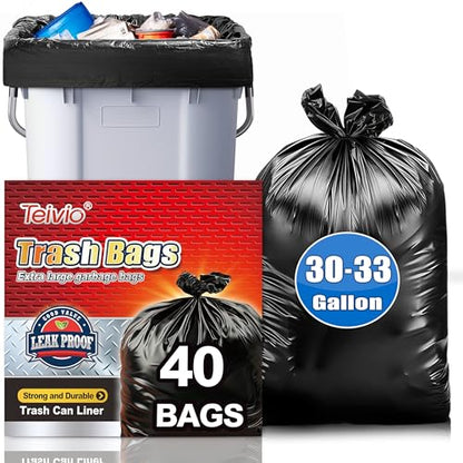 Teivio Large Black Trash Bags 30-33 Gallon 40 Count 30+ Gal Garbage Bags