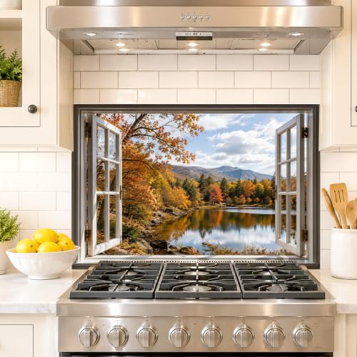 Autumn Lake Window Backsplash Sticker 17.3 x 28 in Peel and Stick PVC - color: Colorful1600