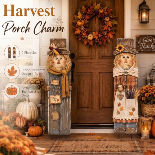 Moxweyeni 2 Pcs Fall Outdoor Decorations Large Metal Scarecrow Yard Signs - style: Scarecrow