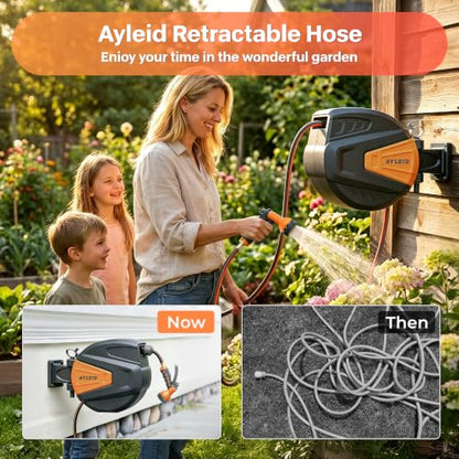 Ayleid Retractable Rubber Hybrid Garden Hose Reel, 1/2"x100ft Wall Mount - color: Deep Black, size: 100FT