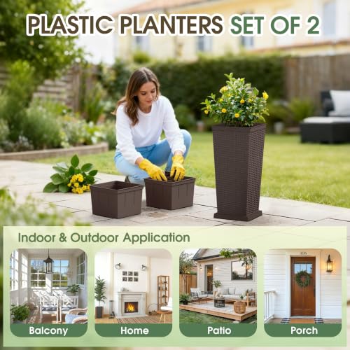 Set of 2 24 Inch Tall Plastic Planters with Drainage Saucers, Brown - color: Brown, size: 24 inch with Trays