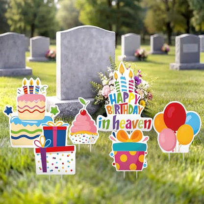 Sieral 6 Pcs Happy Birthday in Heaven Decoration Funny Funeral Grave Sign - style: Colorful