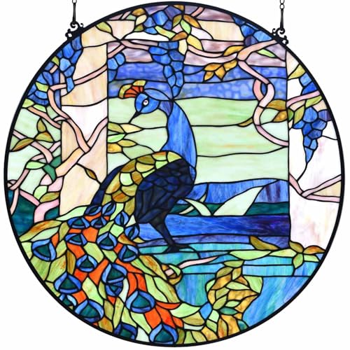 Bieye W10094 Blue Peacock Tiffany Style Stained Glass Round Window Panel - size: 24" Round