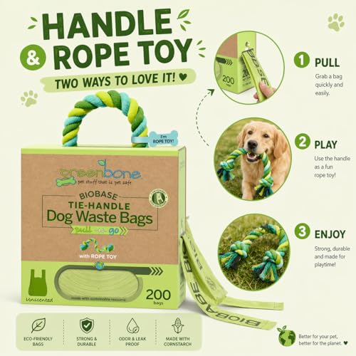 Greenbone Poop Bags for Dogs with Handles Unscented with Bonus Rope Pet Toy, 200 Count on Single Roll, Plant Based - style: Uncented-toy