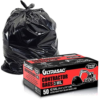 Ultrasac Contractor Bags, 42 Gallon, 32.75" X 47" - 3 MIL Thick Large Black Trashbags for Construction and Commercial use - (1 Pallet of 112 Cases, 5600 Bags Total), 50 Ct. (719963) - size: 1 Count (Pack of 5600)